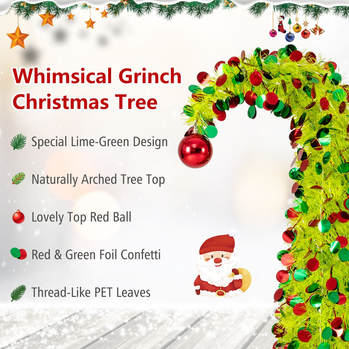 Close view of the tree’s arched top with dense lime-green foliage, colorful accents, and a dangling red ball.