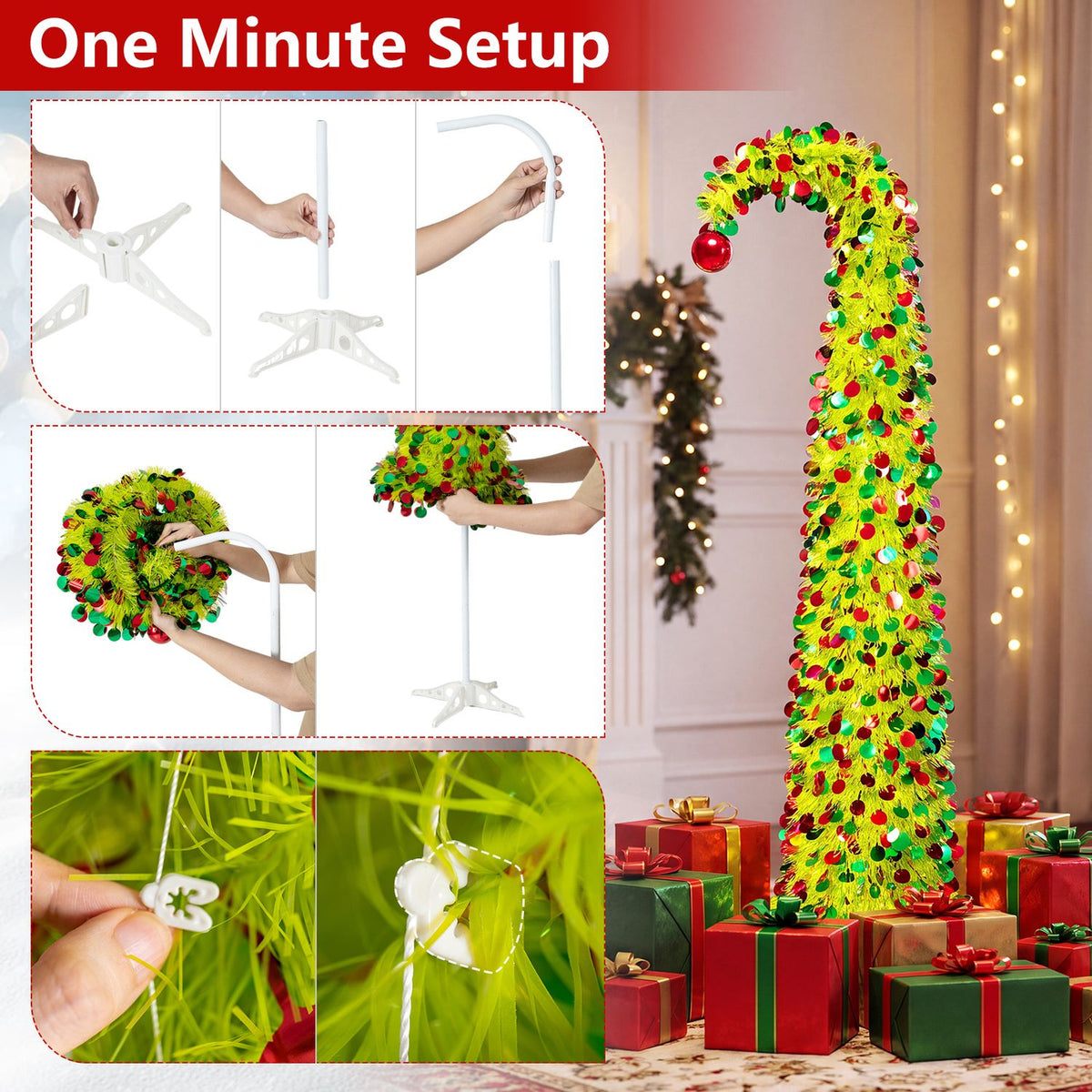 Lime-green arched Christmas tree with red and green ornaments, shown beside setup steps and close-ups of its branches.