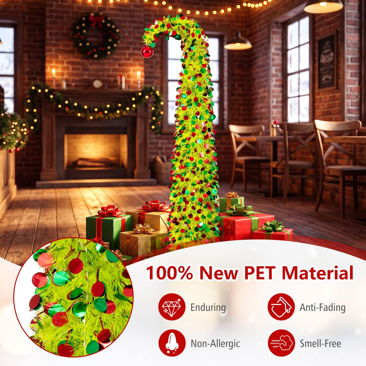 Lime-green arched Christmas tree with colorful ornaments among gift boxes, with a circular branch close-up.