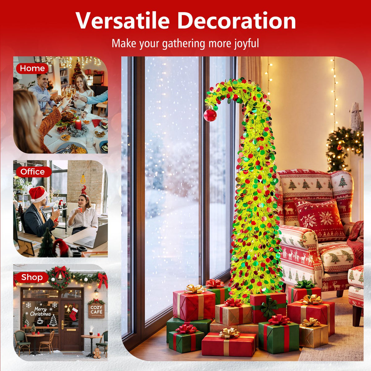 Lime-green arched Christmas tree and wrapped gifts beside a patterned armchair, with smaller home, office, and shop scenes.