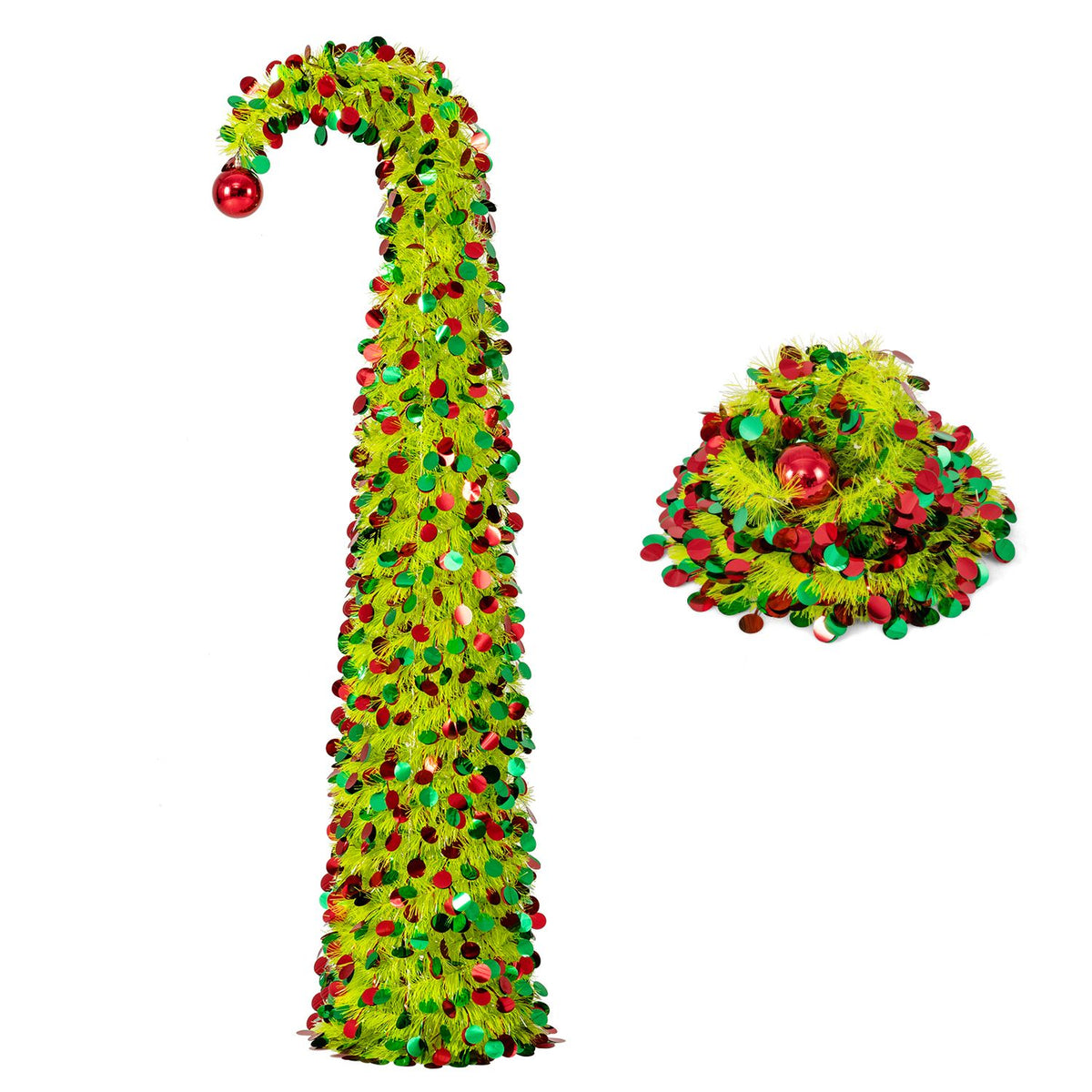 Lime-green arched tree with a red ball at its tip, shown beside a loose pile of matching greenery and ornaments.