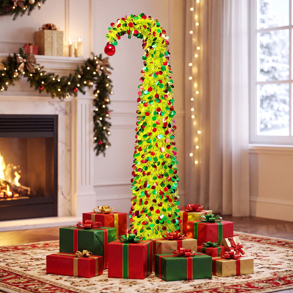 Lime-green arched Christmas tree with colorful ornaments and wrapped gifts beside a lit fireplace.