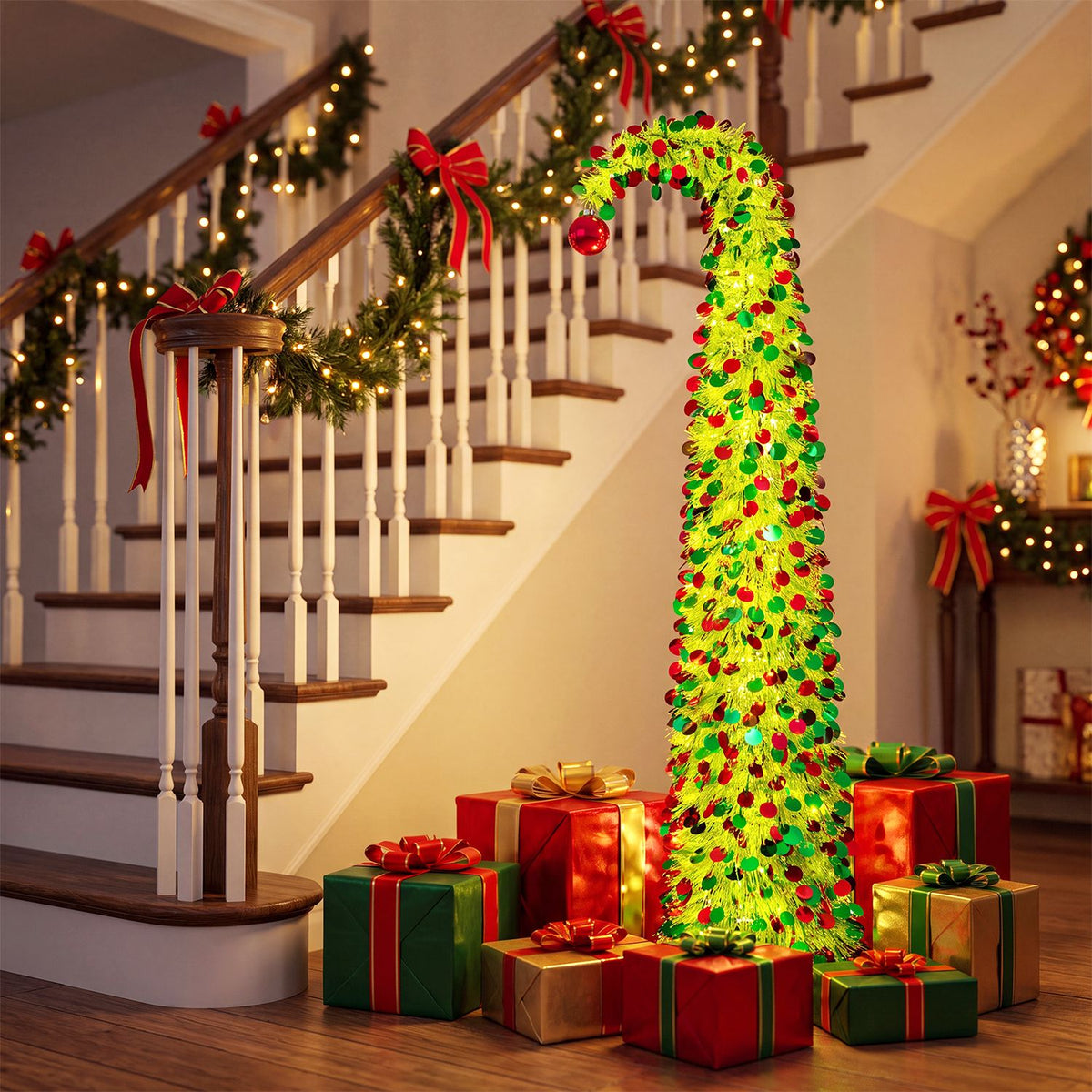 Lime-green arched Christmas tree decorated with red and green ornaments beside wrapped gifts and a staircase.