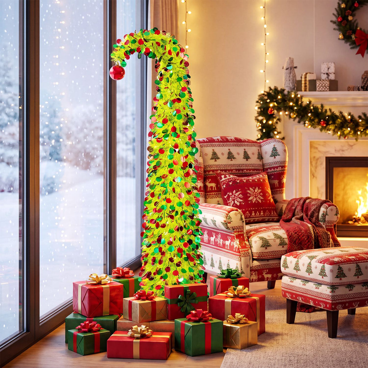 Decorated lime-green arched tree and wrapped gifts beside a patterned armchair and a snowy window.