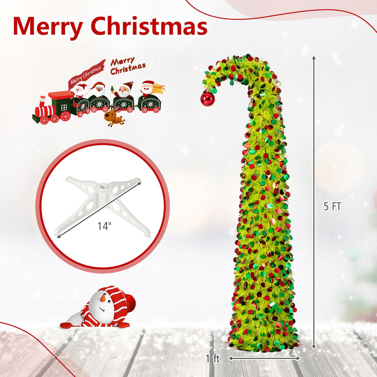 Lime-green arched Christmas tree shown with measurement arrows and a small image of its base.