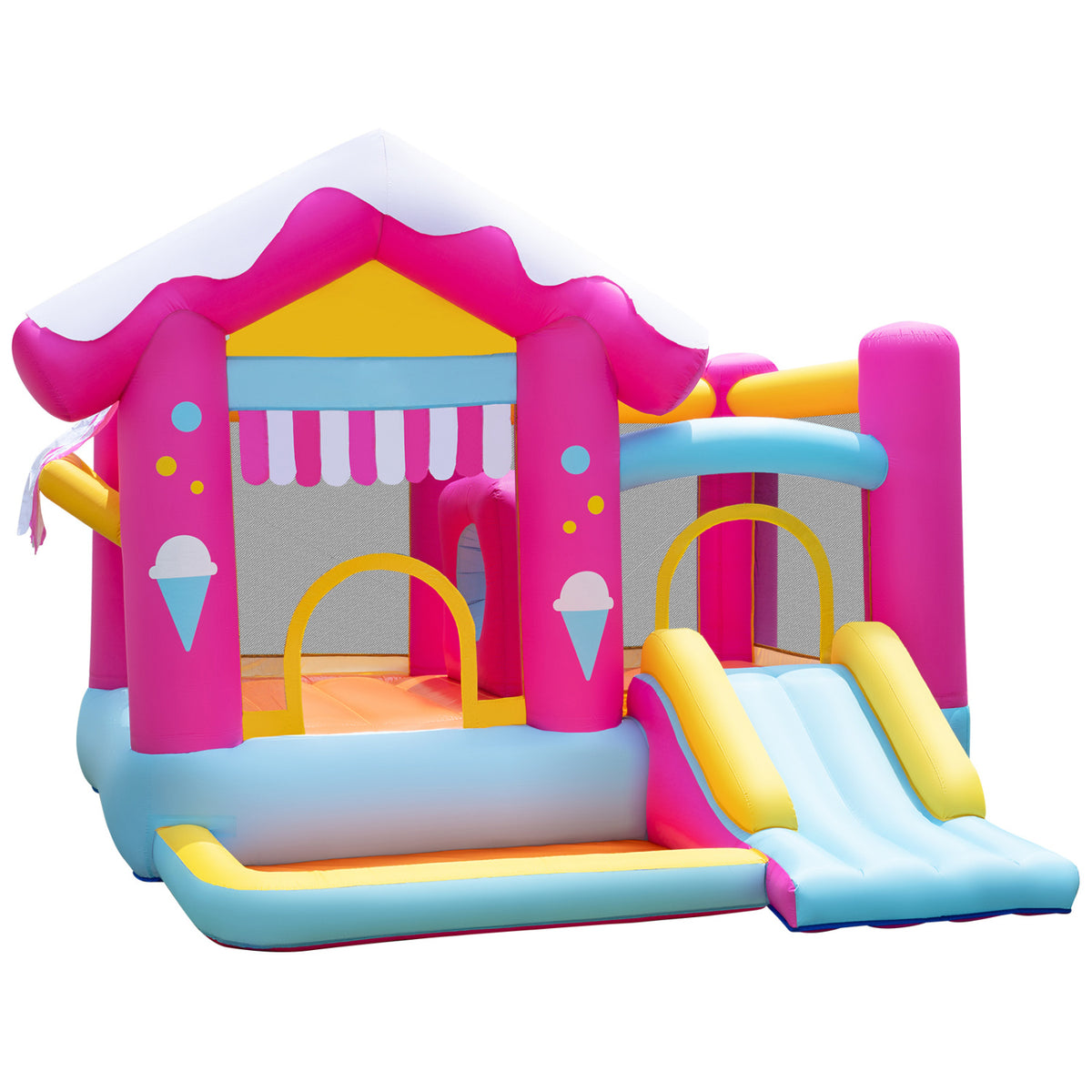 Pink-and-blue inflatable play house with striped awning, mesh walls, ball pit area, and double slide on a white background.