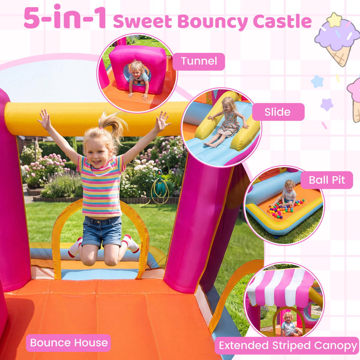 A child jumps inside a pink and yellow bounce house, with circular insets showing its tunnel, slide, ball pit and canopy.