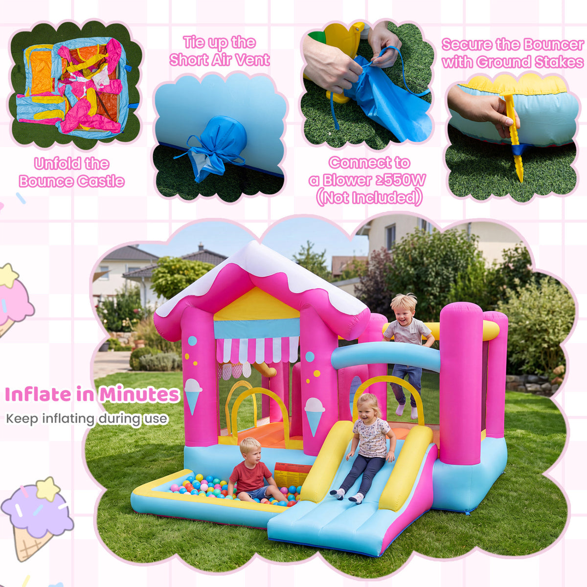 Children play in a colorful inflatable castle with a ball pit and slide on a lawn; smaller panels show setup steps.