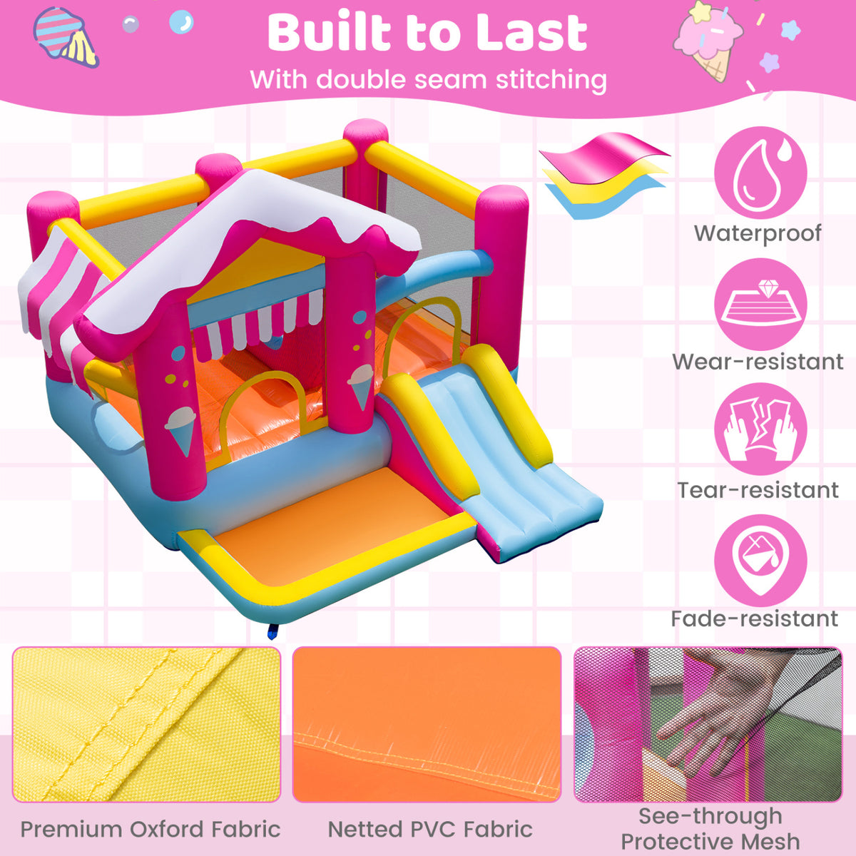 A pink, blue and yellow bounce house with a slide is shown above close-ups of its fabric and mesh panels.