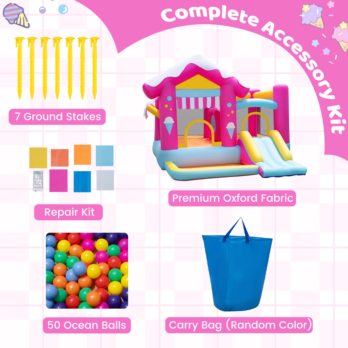 A colorful bounce house is pictured with ground stakes, repair patches, play balls and a blue carry bag.