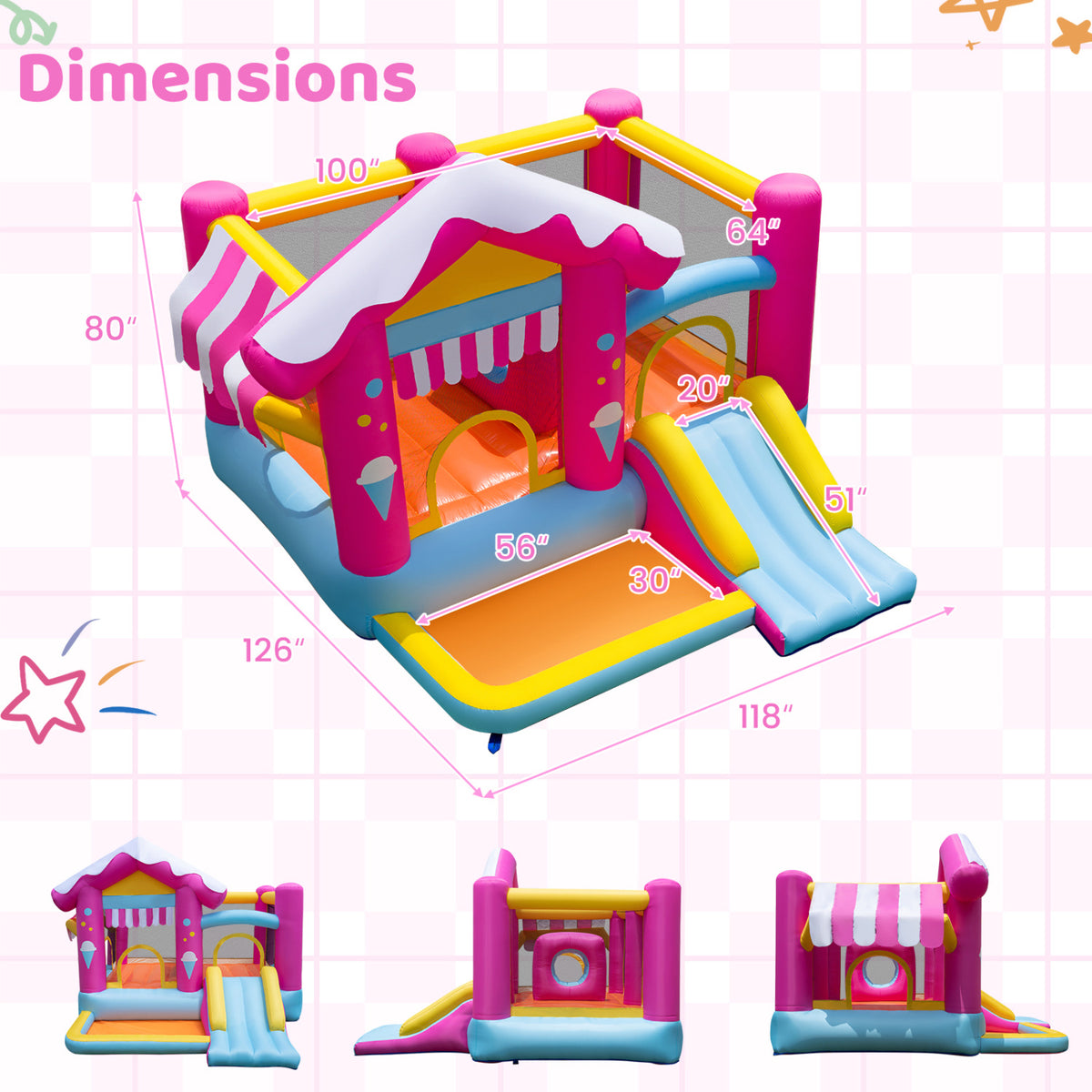 Inflatable play house shown with measurement lines and three smaller views along the bottom.