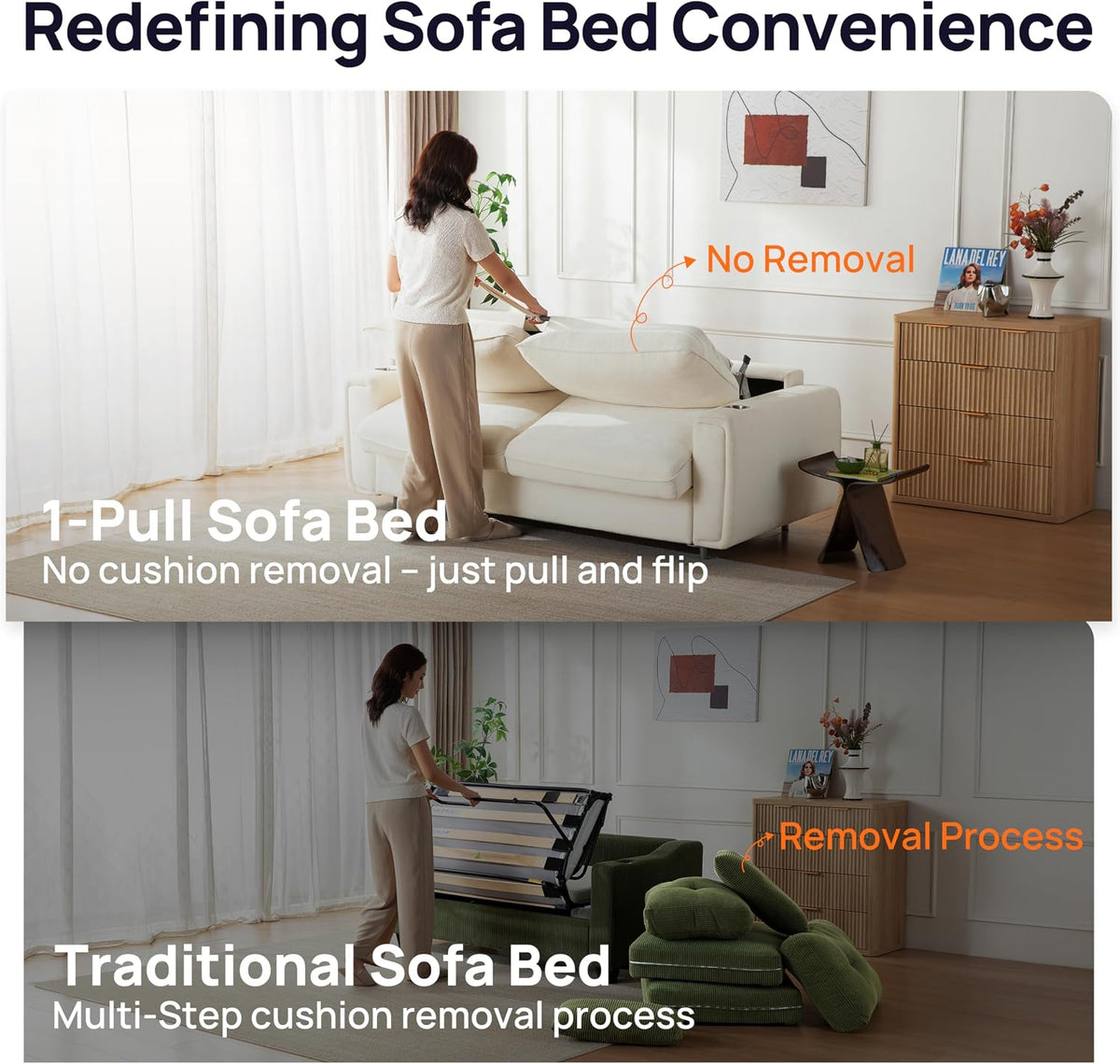 Person demonstrating the one-step pull mechanism converting the white sofa into a bed