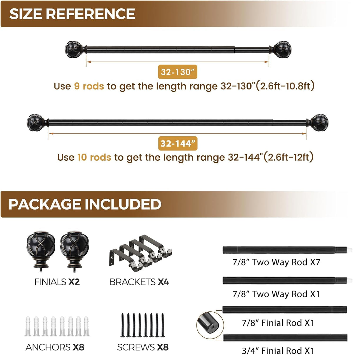 Two rods illustrated with adjustable length ranges above a layout of included finials, brackets, anchors, screws and rod