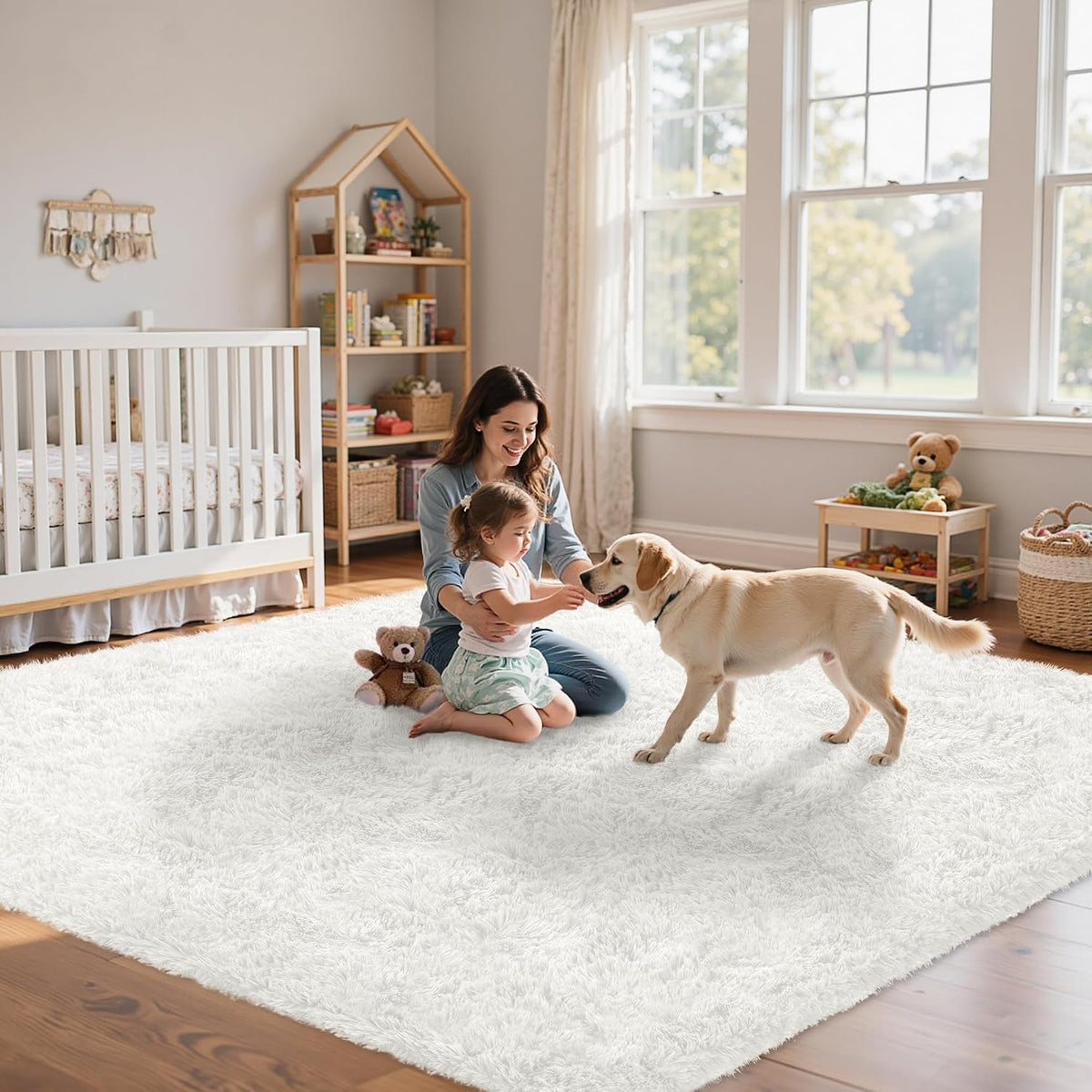 Woman and child sitting on a large fluffy white shag rug in a bright nursery with a dog nearby.