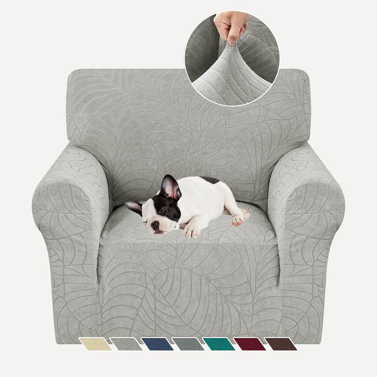 Light gray patterned sofa cover on an armchair with a small sleeping dog and a circular inset showing fabric stretch