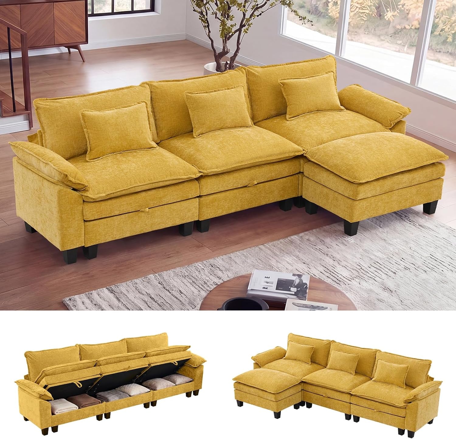 Mustard yellow modular sectional in a living room, inset thumbnails display the ottoman arrangement and open rear storage