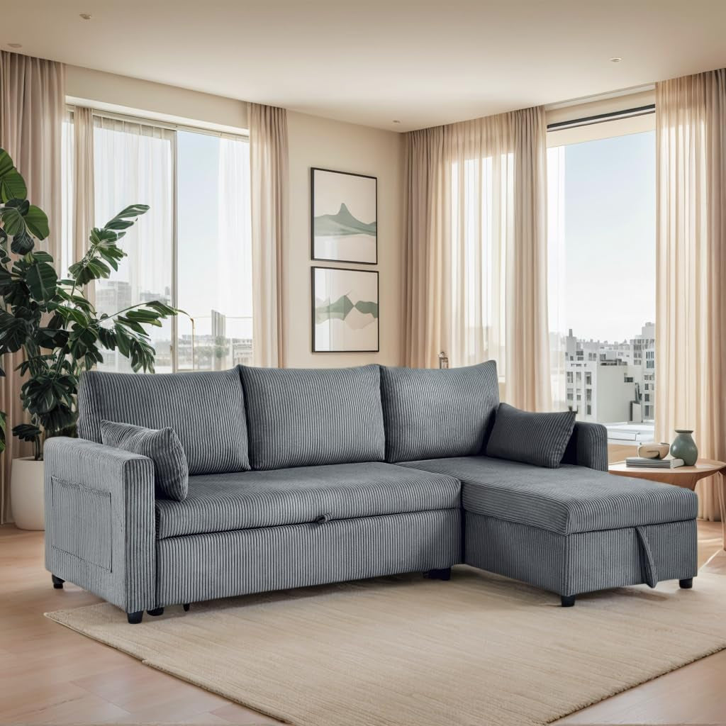 Grey corduroy sectional with chaise lid lifted showing hidden storage compartment