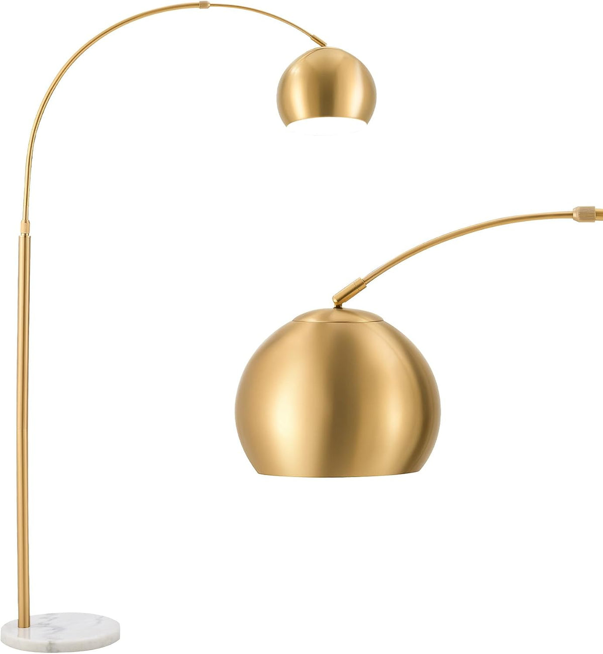 Isolated studio view of the gold arched lamp with a large profile of the dome shade on a white background