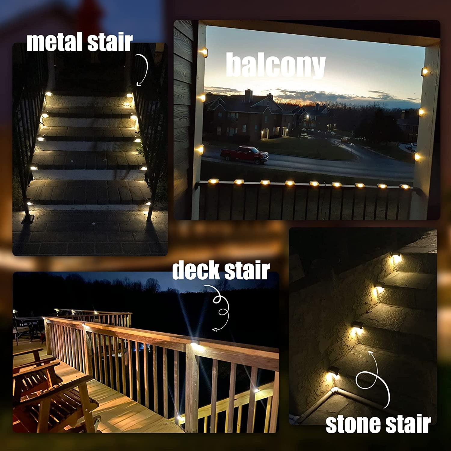 Collage of installations showing solar step lights on metal stairs, balcony railing and stone steps