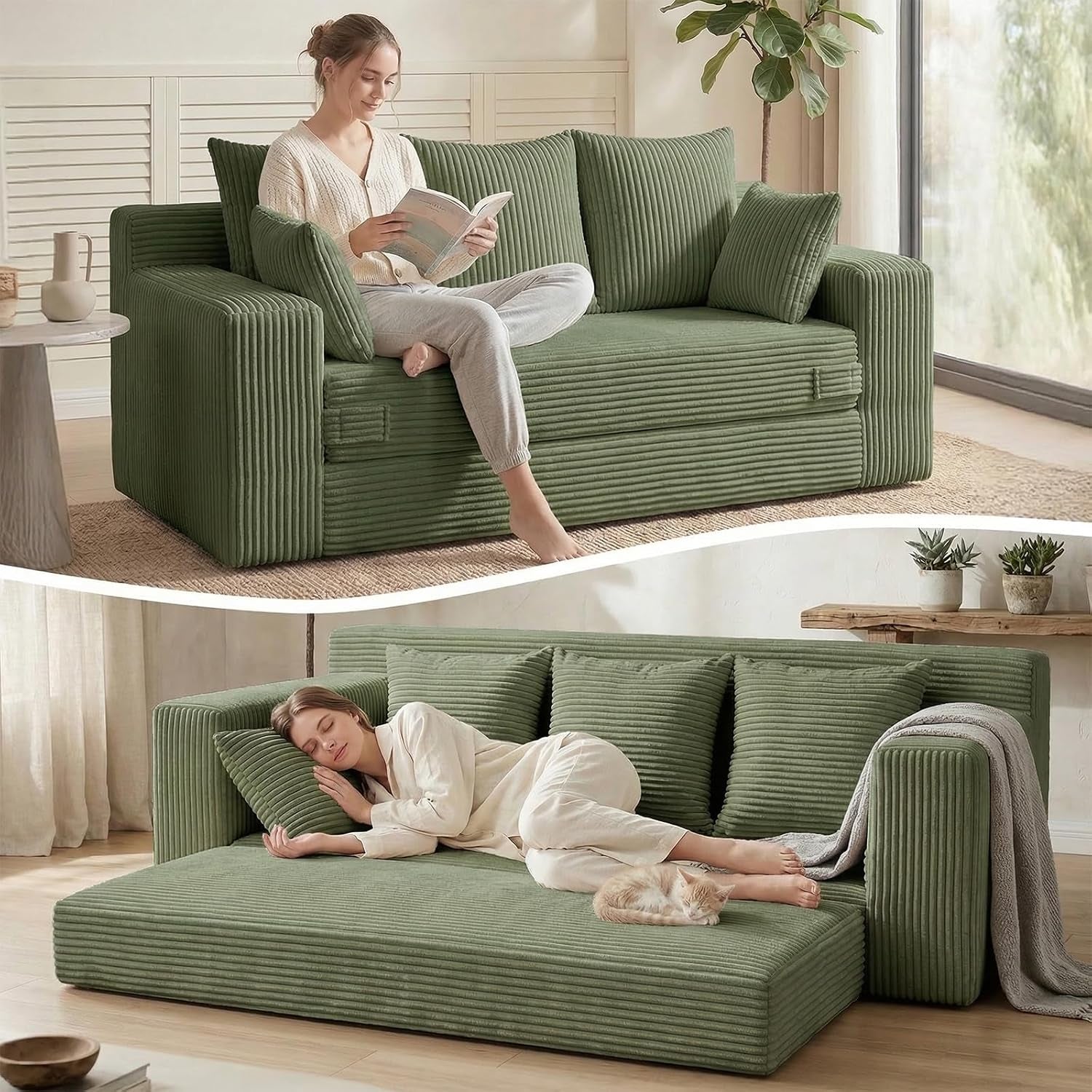 Two-panel lifestyle shot: green corduroy convertible sofa shown upright with a woman reading, and folded out with a woman