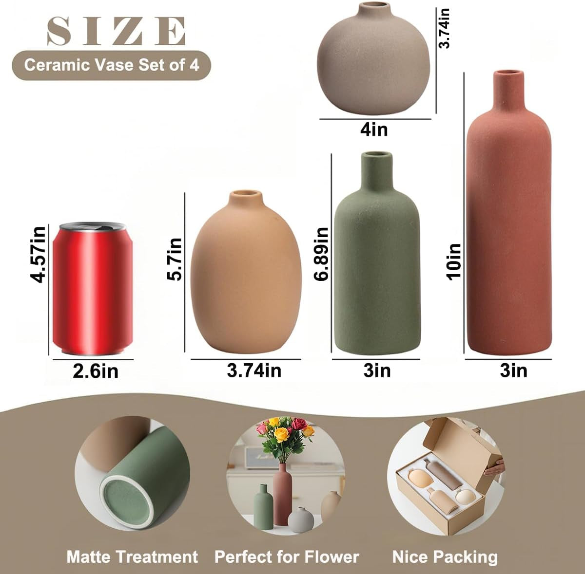 Informational layout showing the four vase shapes with icons highlighting matte finish and packaging
