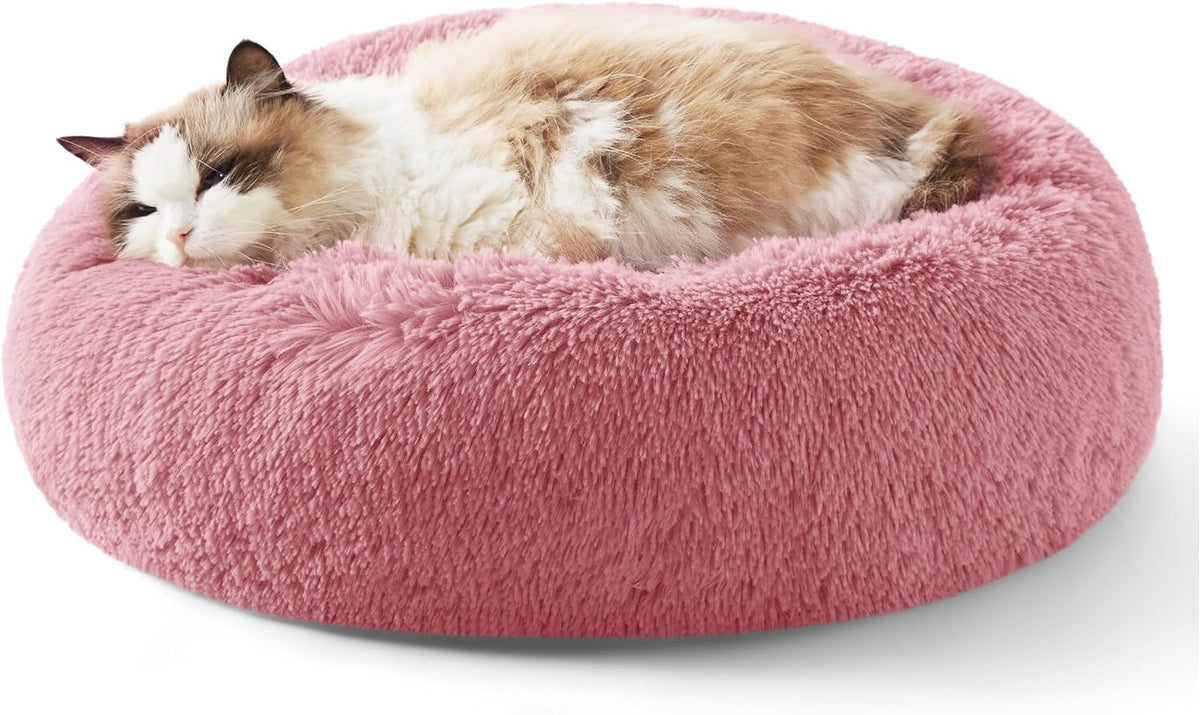 Longhaired cat lounging sideways in a pink fluffy round donut bed on a white background.