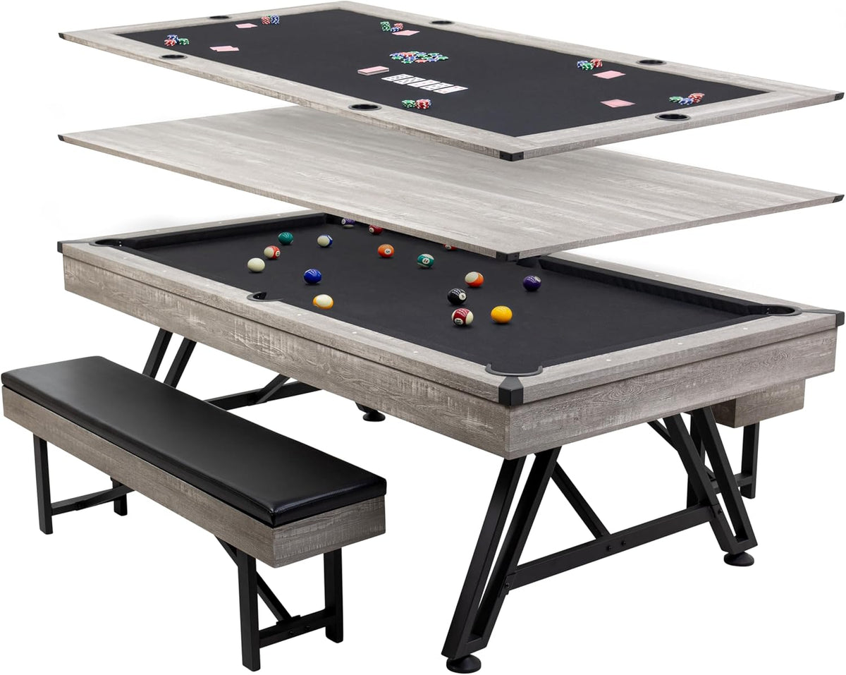 Exploded view of a light-gray rustic wood pool table with black felt, metal legs, and a matching padded bench.