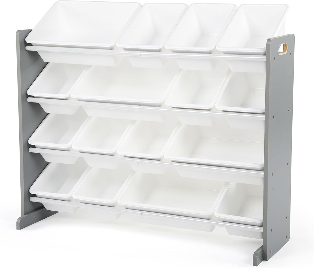 Angled view of the organizer with white bins and gray painted side panels.