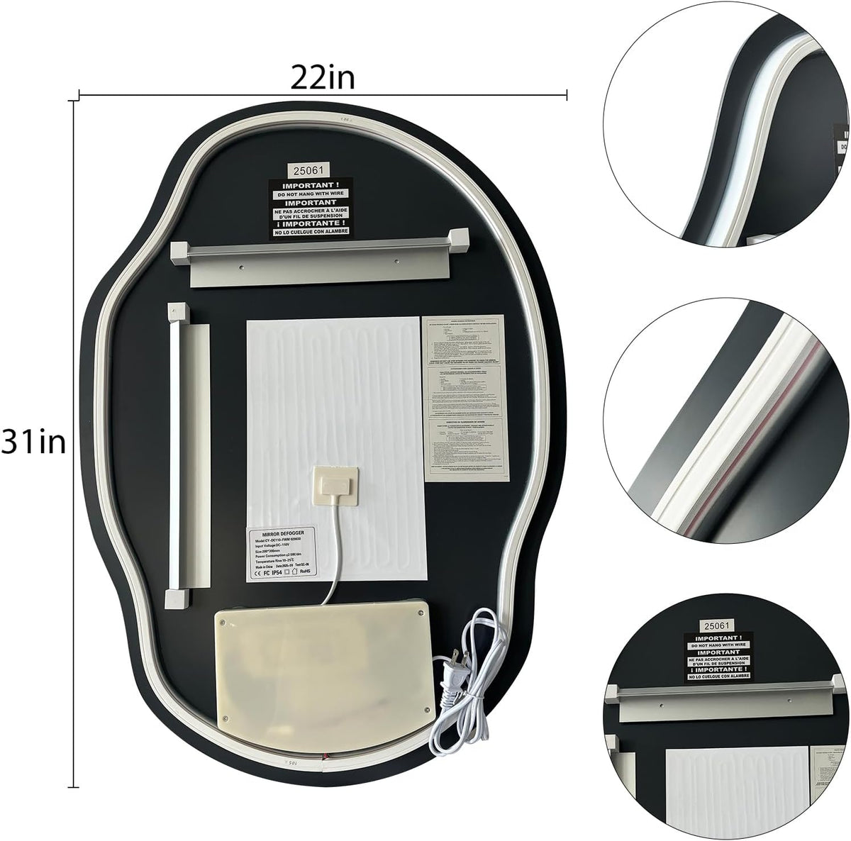 Back of the irregular-shaped mirror showing mounting hardware, wiring, and labeled dimensions 31in tall by 22in wide.