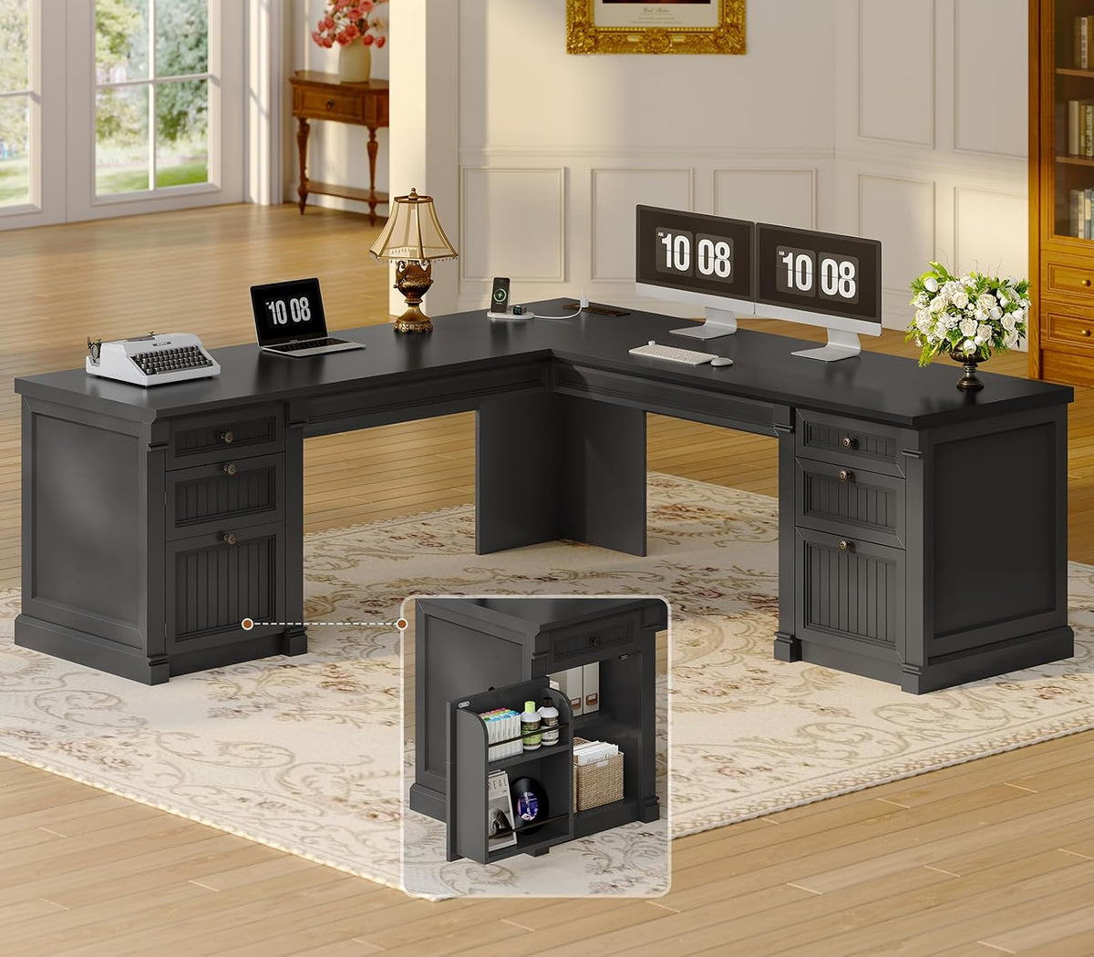 Black L-shaped desk in a warm room on a rug, inset shows the pedestal’s internal cubby shelving