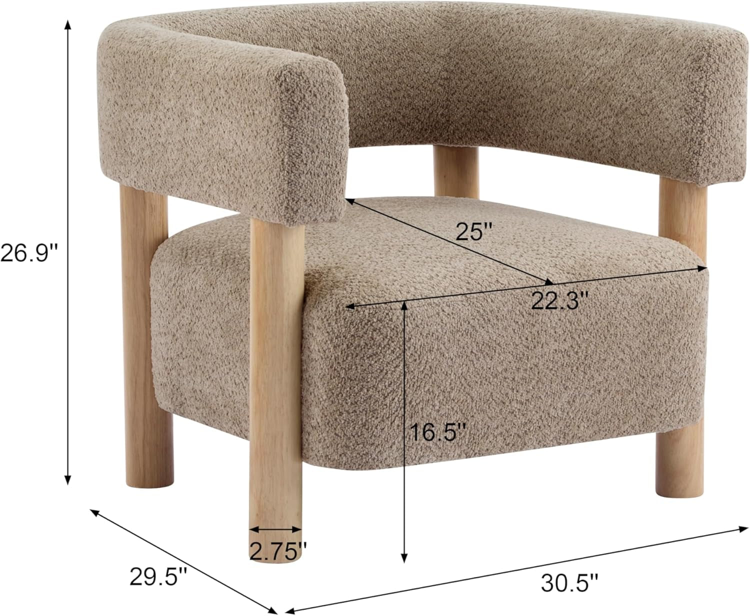 Diagram of the chair with measurements showing 26.9" height, 30.5" width and 29.5" depth