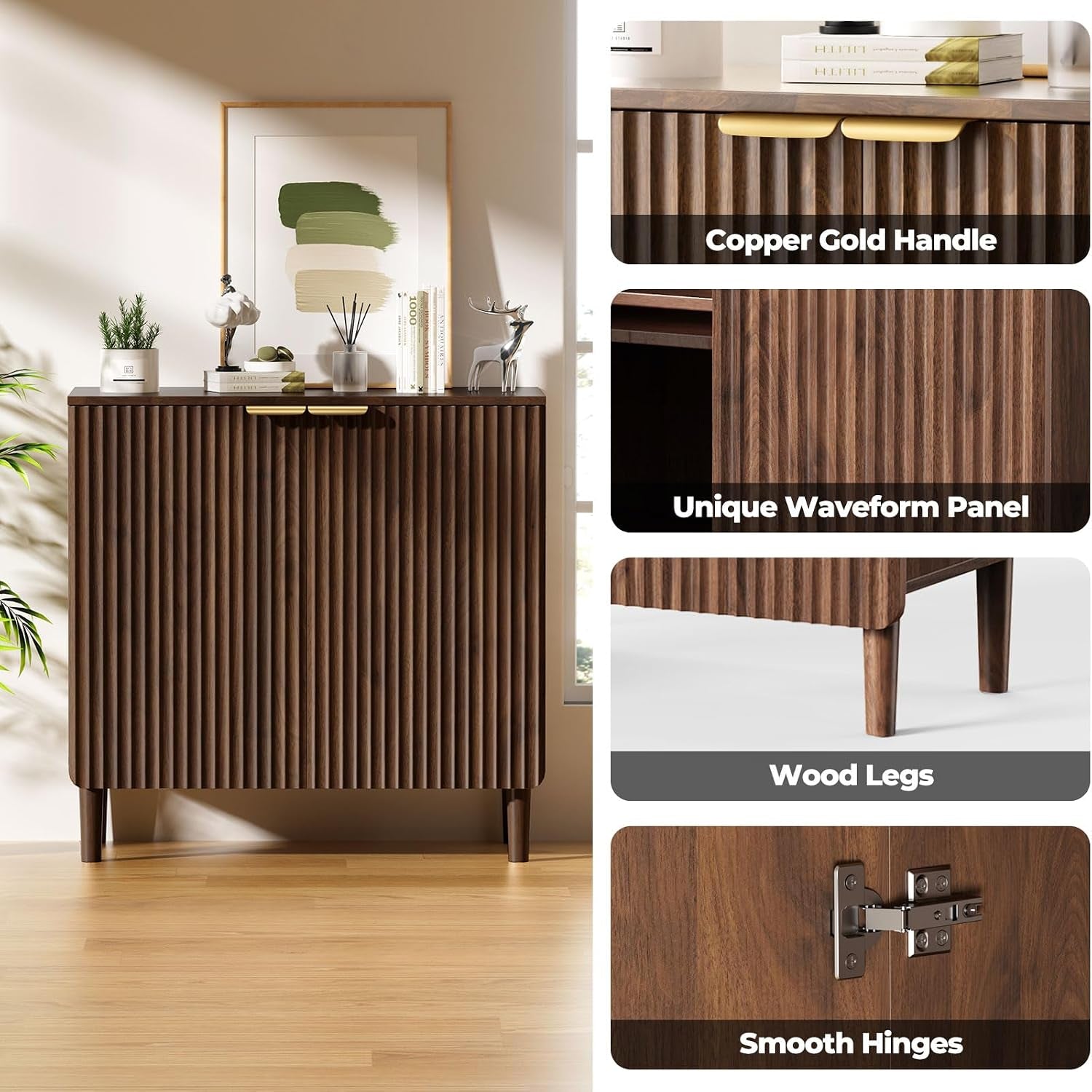 Feature collage showing copper-gold handles, waveform groove-front panel, tapered wood legs and a close-up of smooth hinges