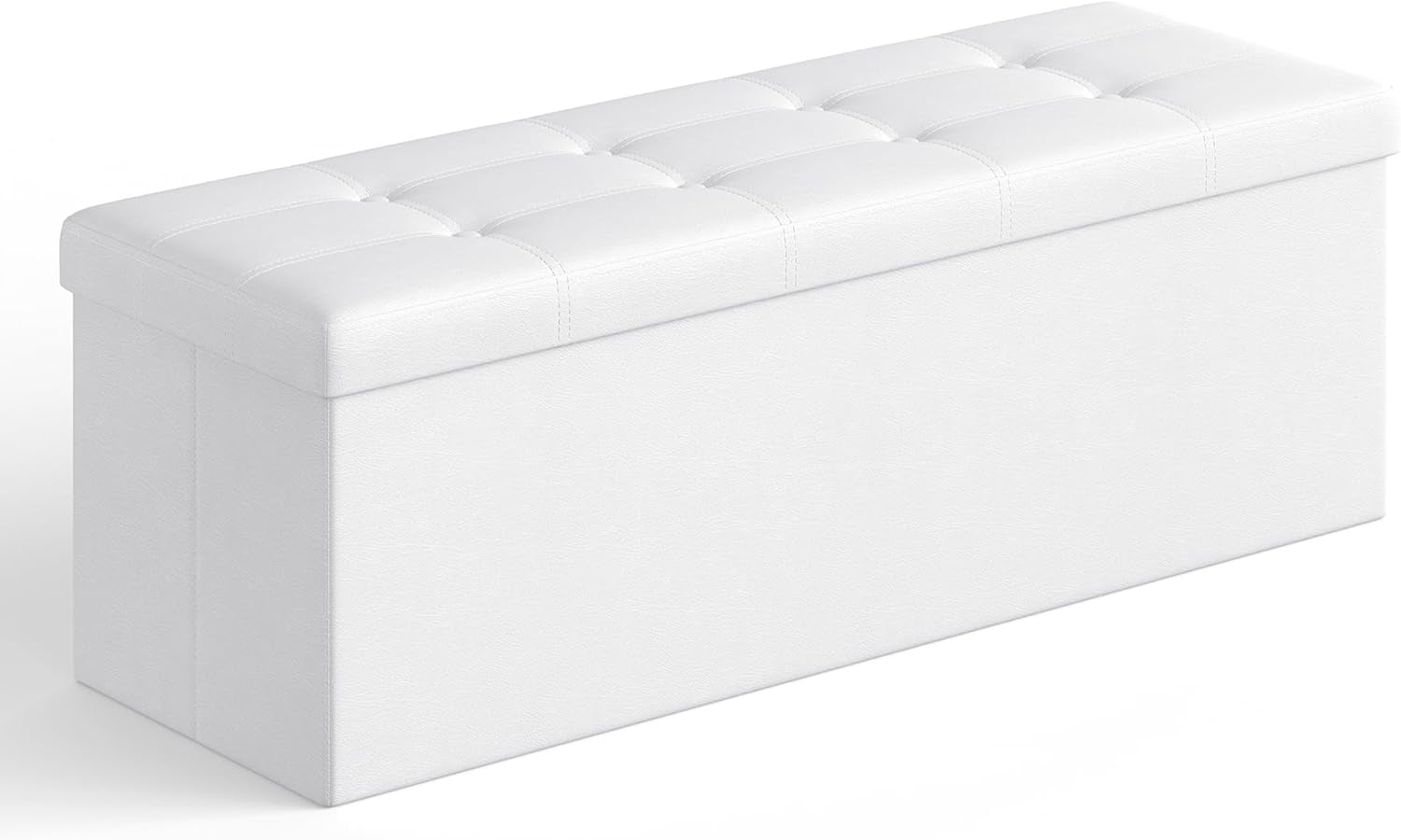 White tufted rectangular storage bench shown at an angled three-quarter view