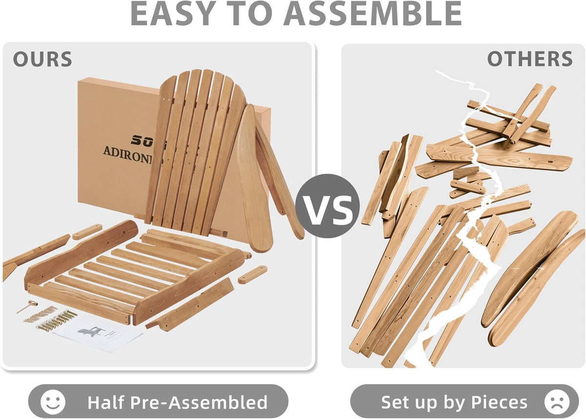 Split graphic: left shows partially preassembled chair pieces and box; right shows many loose wooden parts scattered.