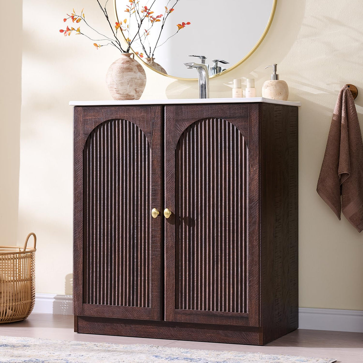 IFBUY 30 Inch Arched Bathroom Vanity with Sink, Fluted Design, Natural Oak | Modern Bathroom Vanity Cabinet, gallery view 8