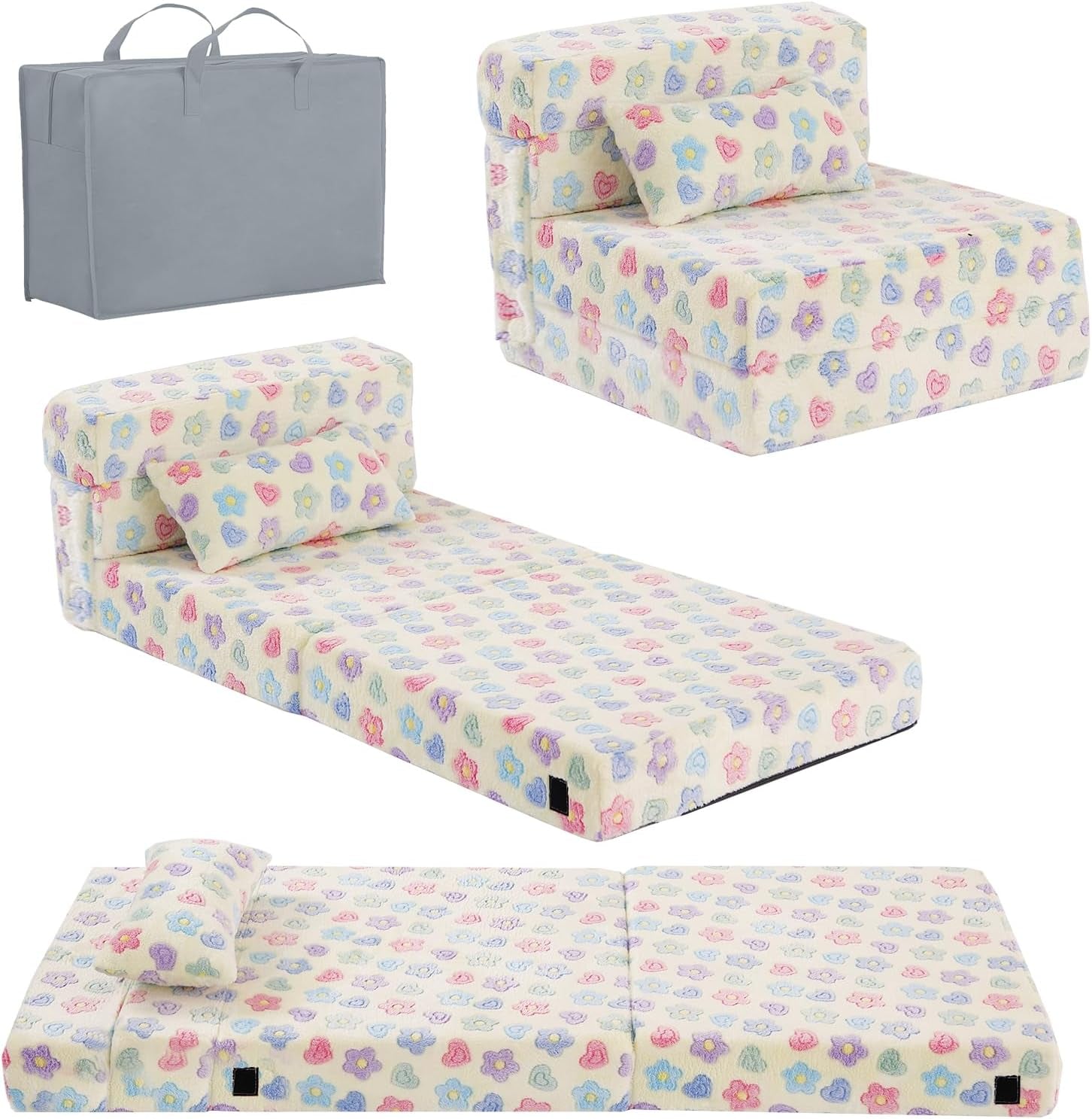 Cream folding mattress covered in small pastel flowers shown folded into a seat, laid flat, plus gray carry bag.