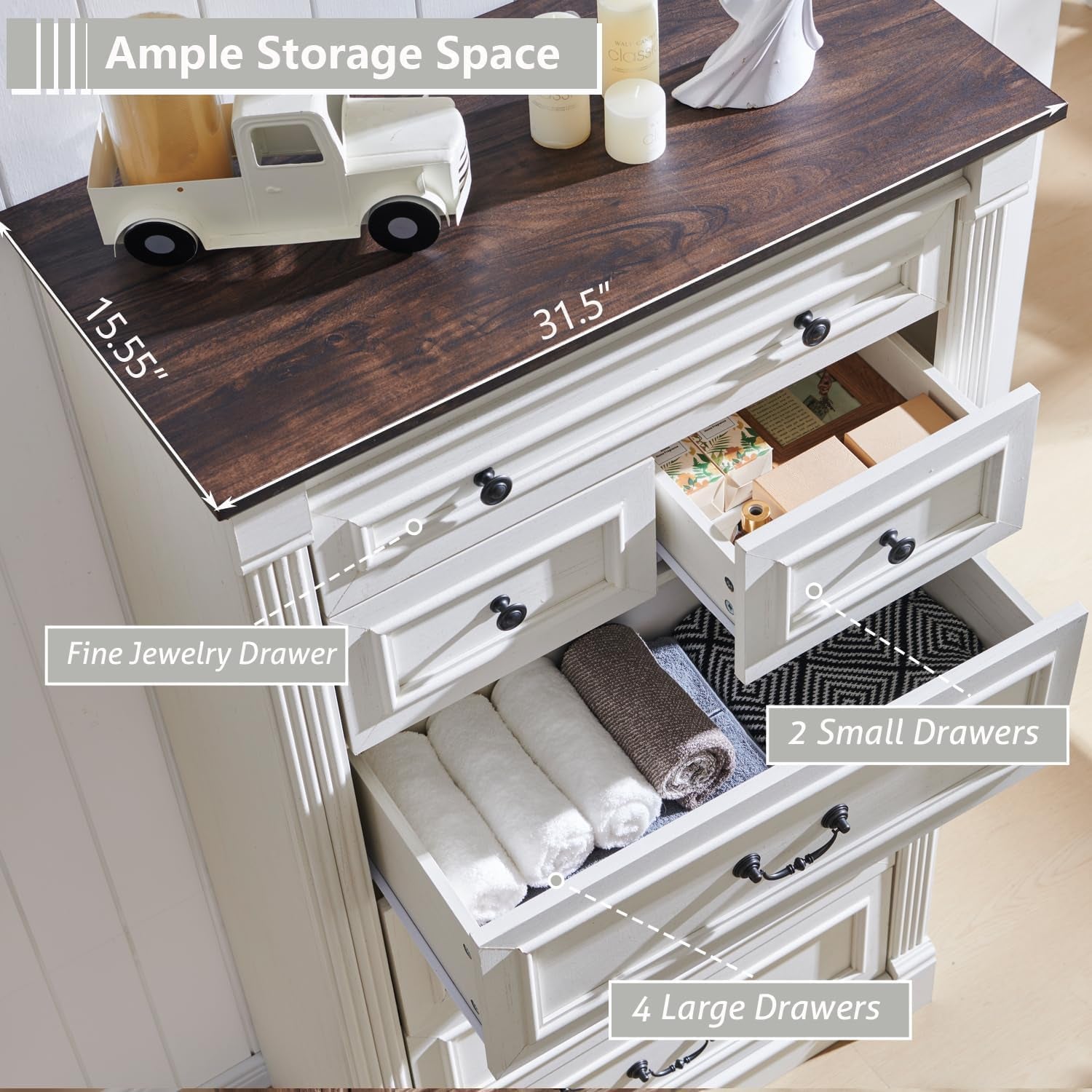 Top view of dresser showing dark wood tabletop and open drawers labeled for storage capacity