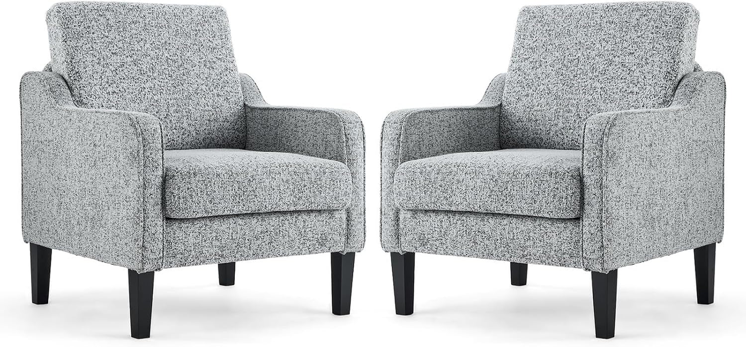 Two gray textured upholstered accent chairs side by side on a white background