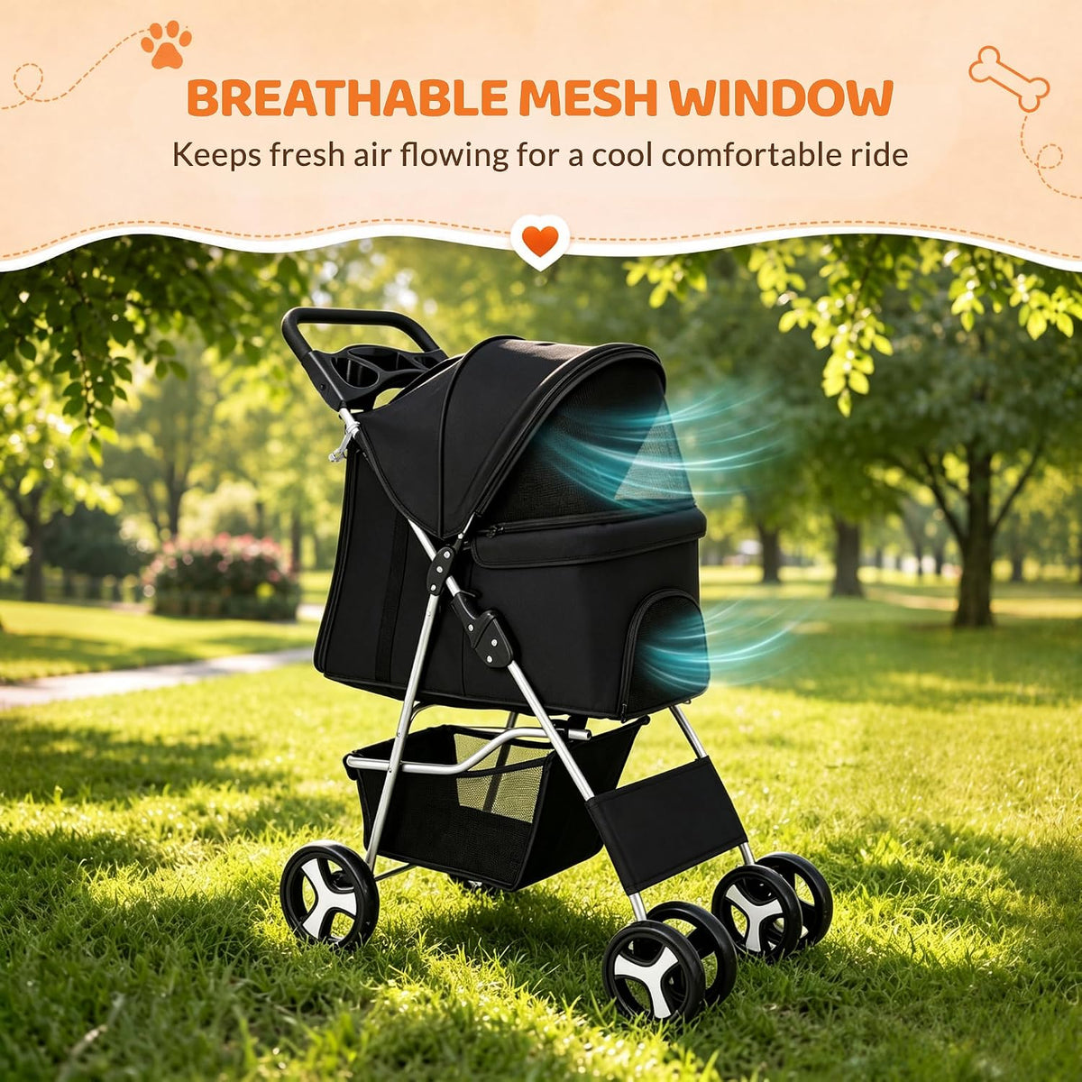 Angled side view of stroller on grass highlighting top and side breathable mesh windows and canopy for ventilation