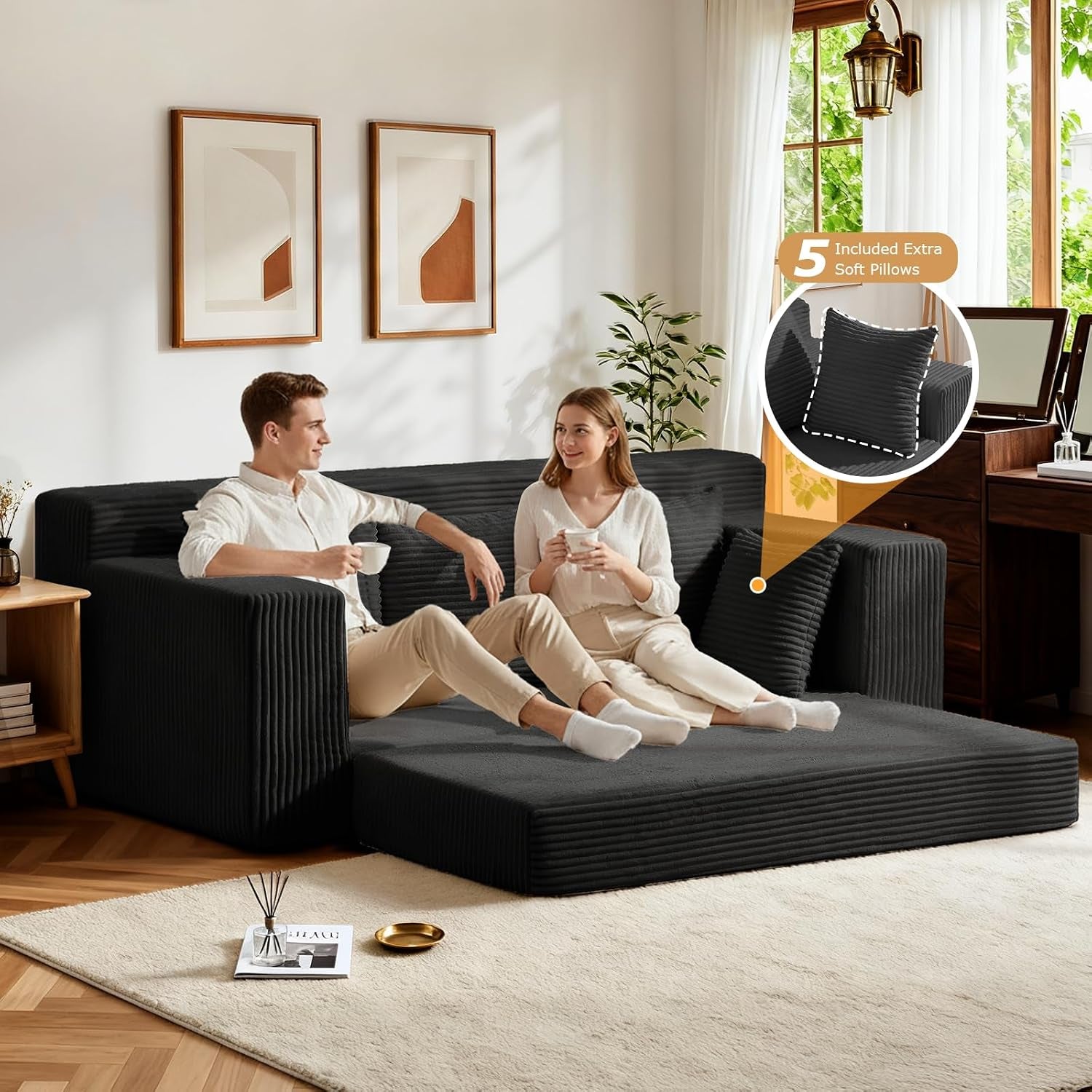 Convertible Sofa Bed, Pull Out 3 Seater Sleeper Sofa, 70" Black Boneless Couch Fold Out Floor Couch with 5 Pillows for Living Room Bedroom Lounge Small Space