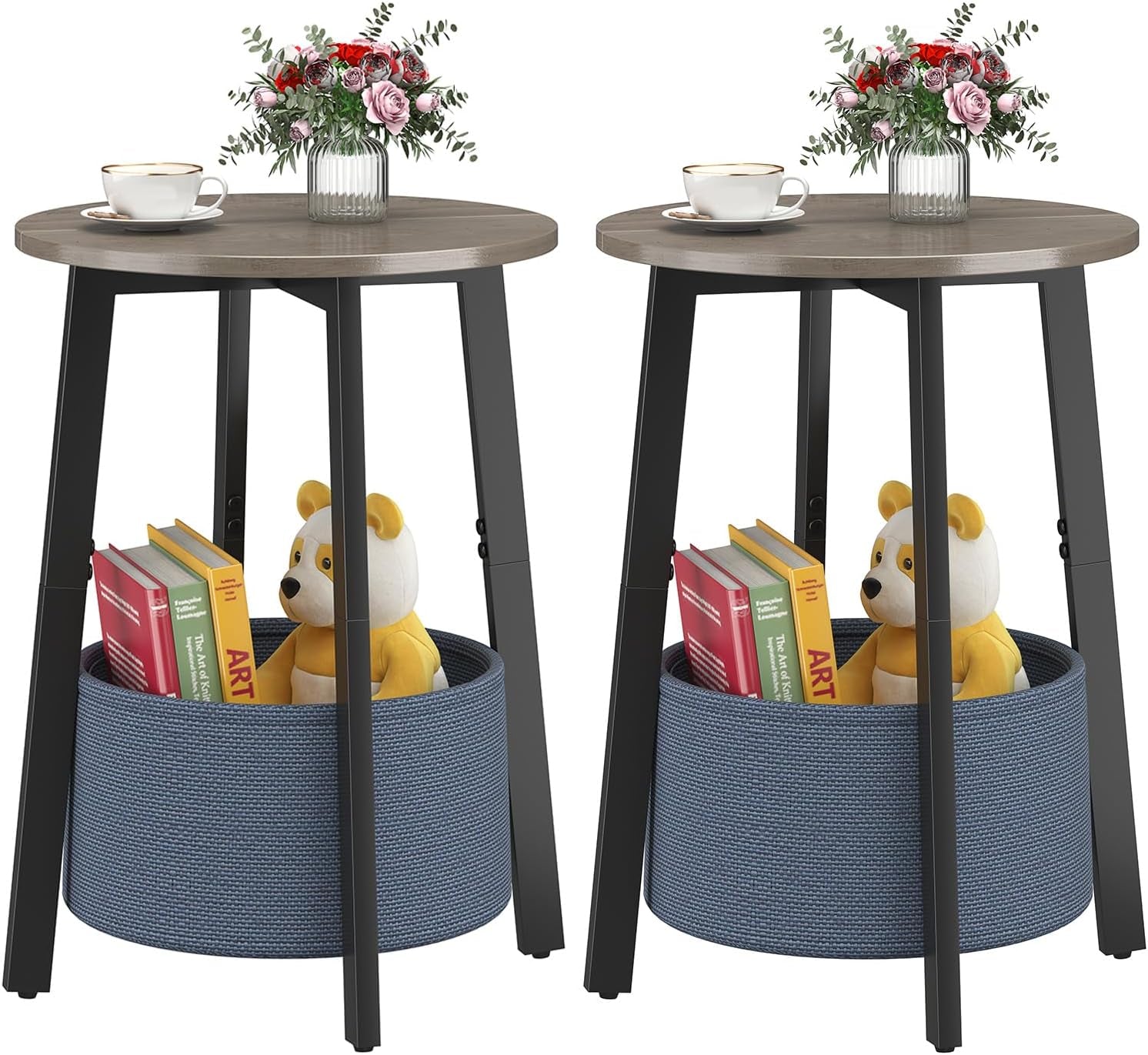 Front view of two small round side tables with wood tops, black metal legs and blue woven storage baskets