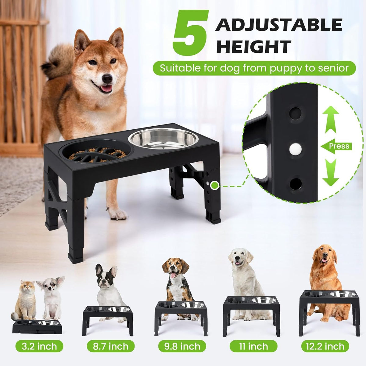 Black elevated stand shown with a dog and a close-up inset of the leg height adjustment holes and arrows