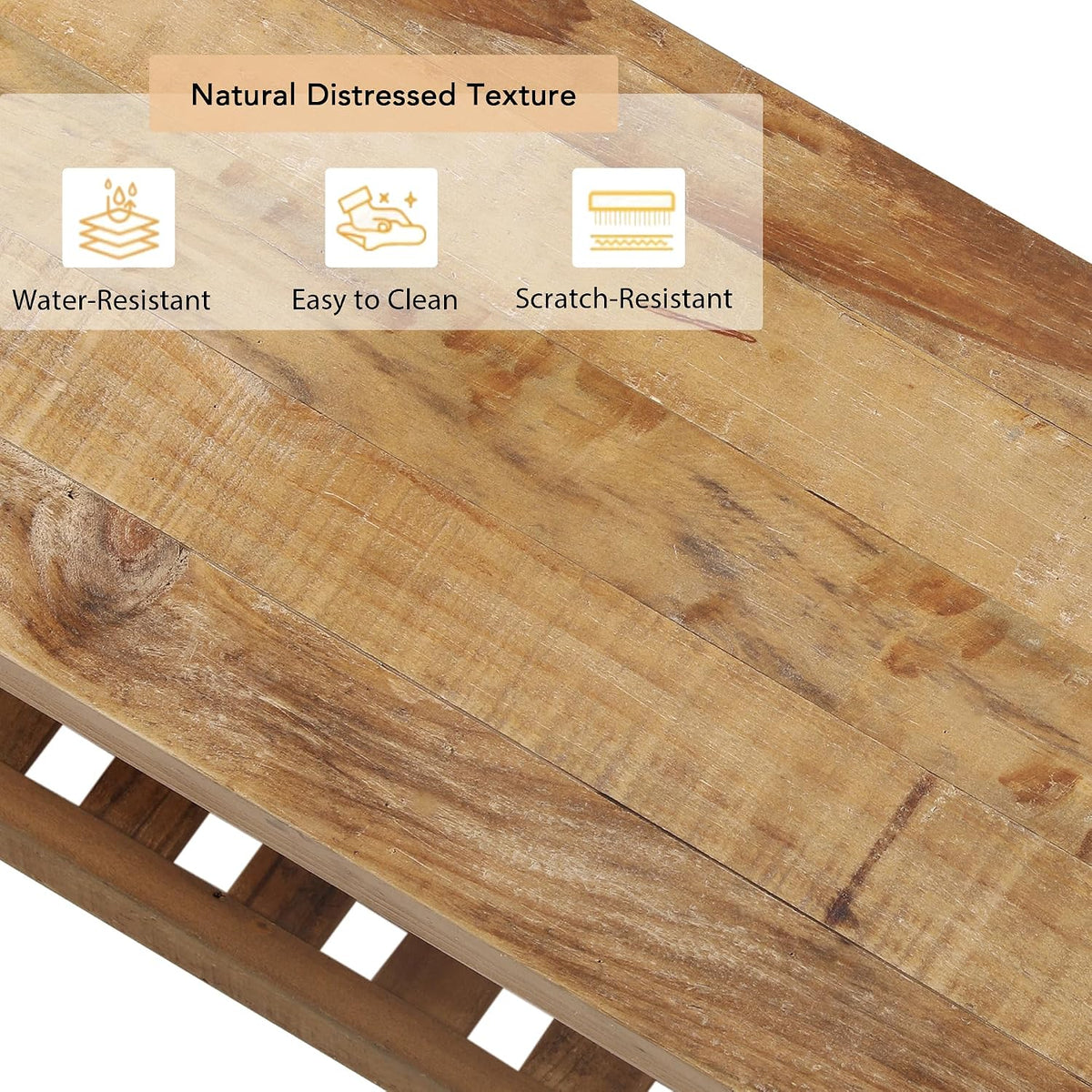 Overhead close-up of the reclaimed wood top planks showing varied grain and a translucent overlay of three care icons.