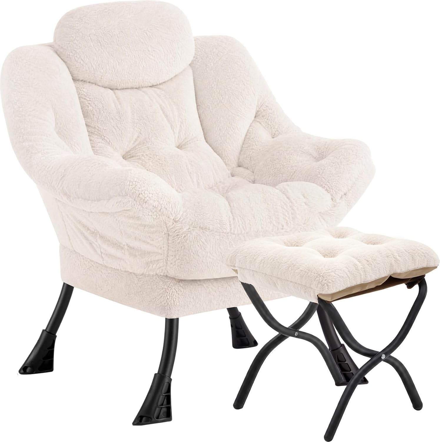 Soft ivory plush folding chair with cushioned ottoman and black metal legs on white background.
