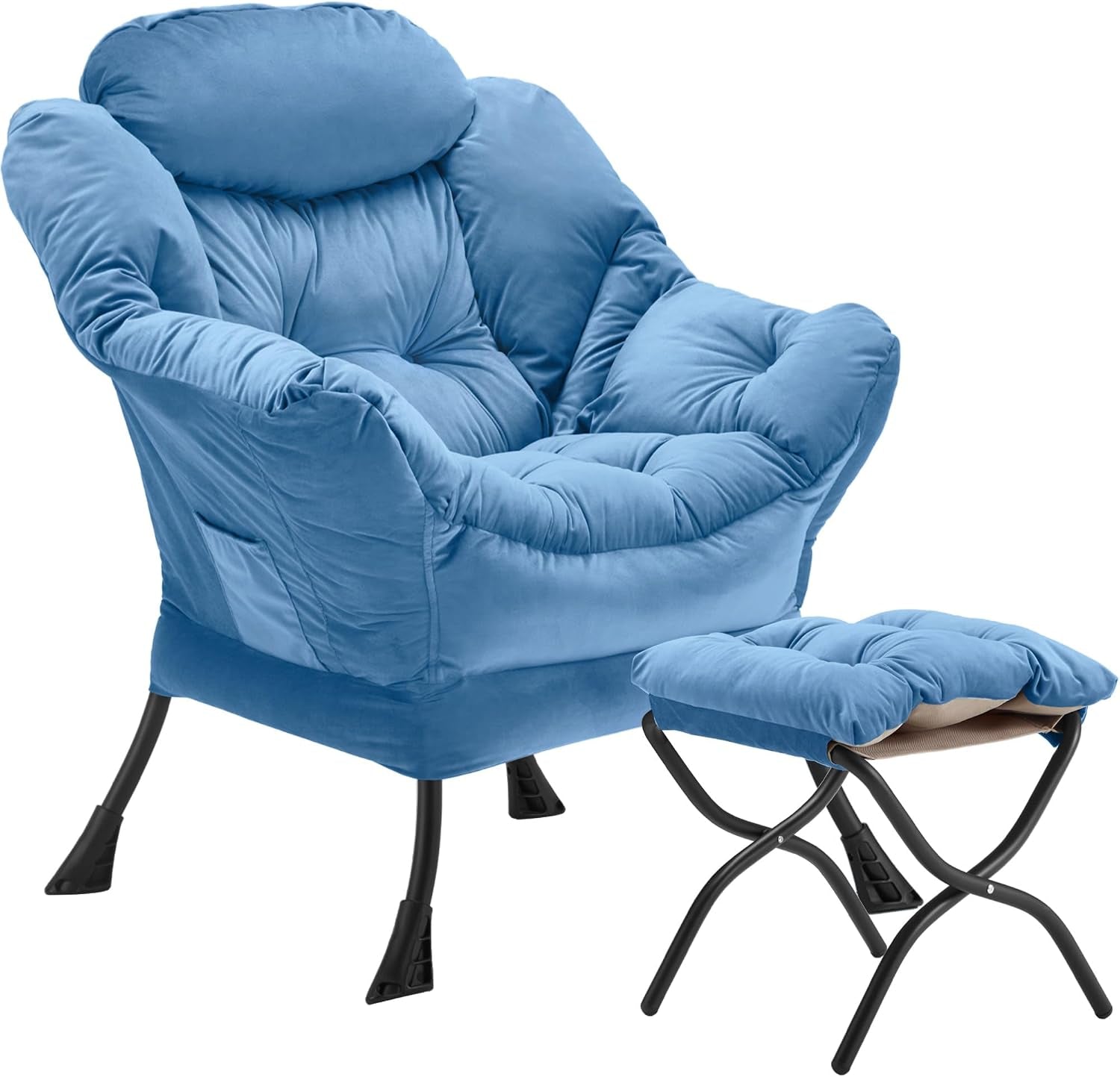 Medium blue cushioned lounge chair and padded folding ottoman shown on white background, angled view