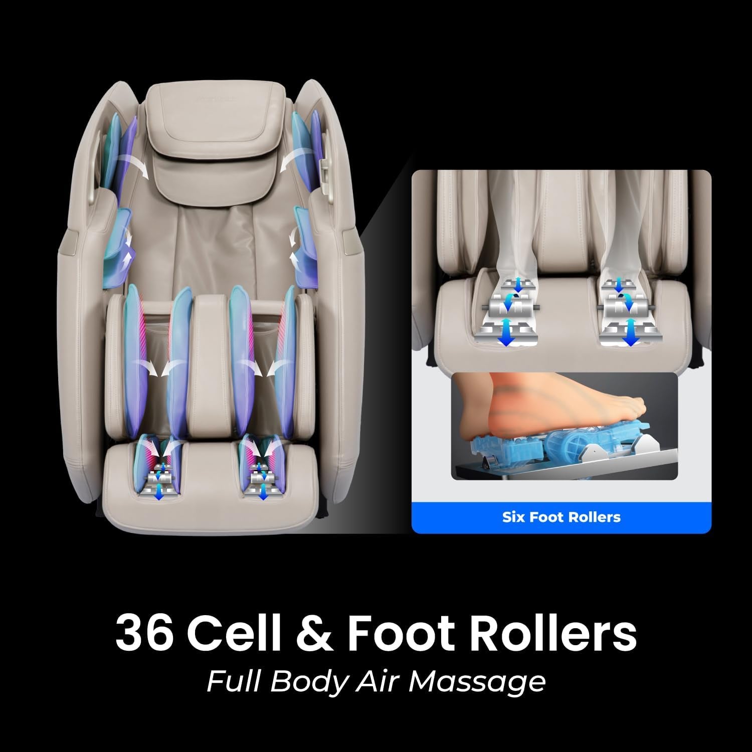 Top-down interior view showing air-cell cushions around the arms and leg sections with inset of foot roller assemblies