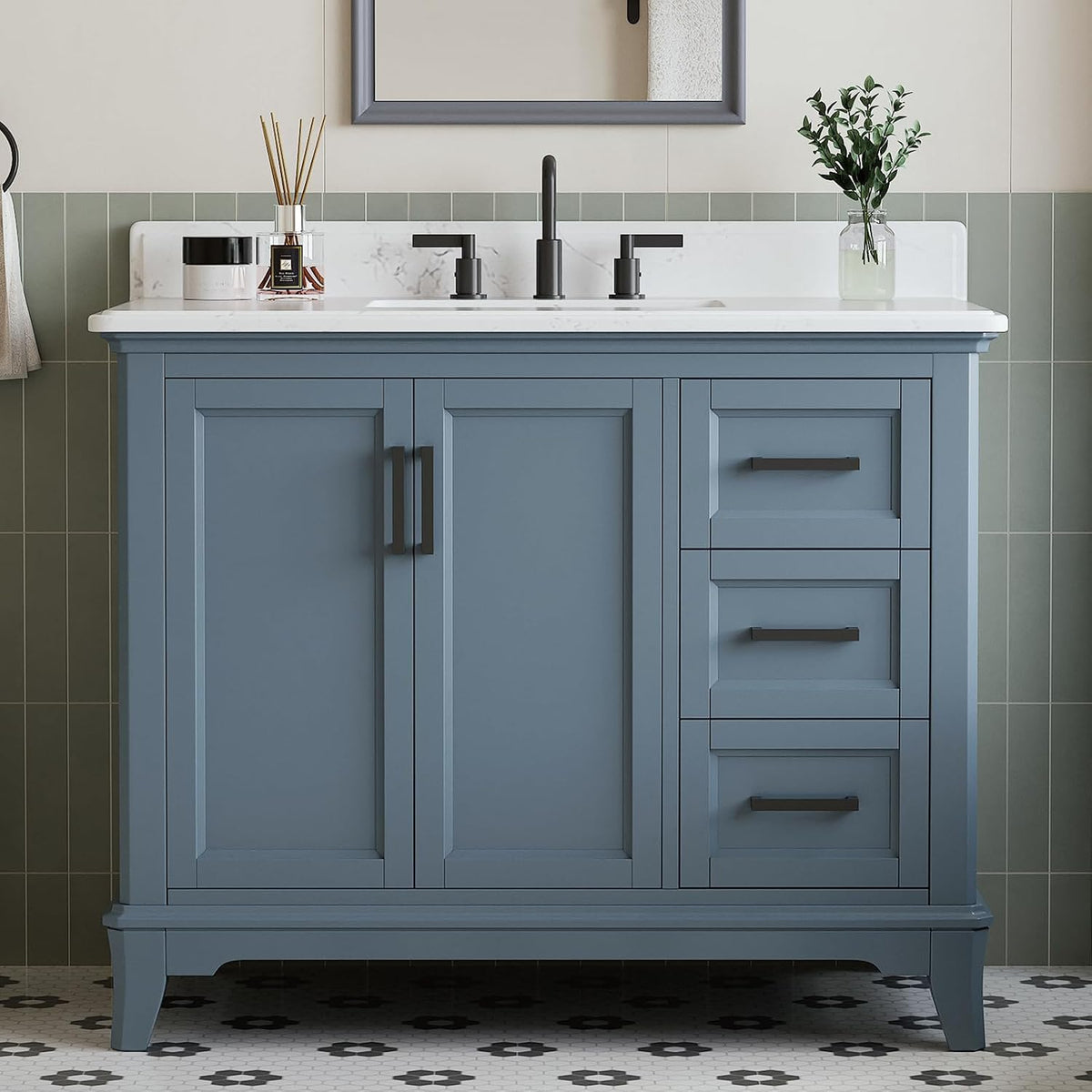 Front view of steel blue bathroom vanity with white quartz countertop and matching backsplash