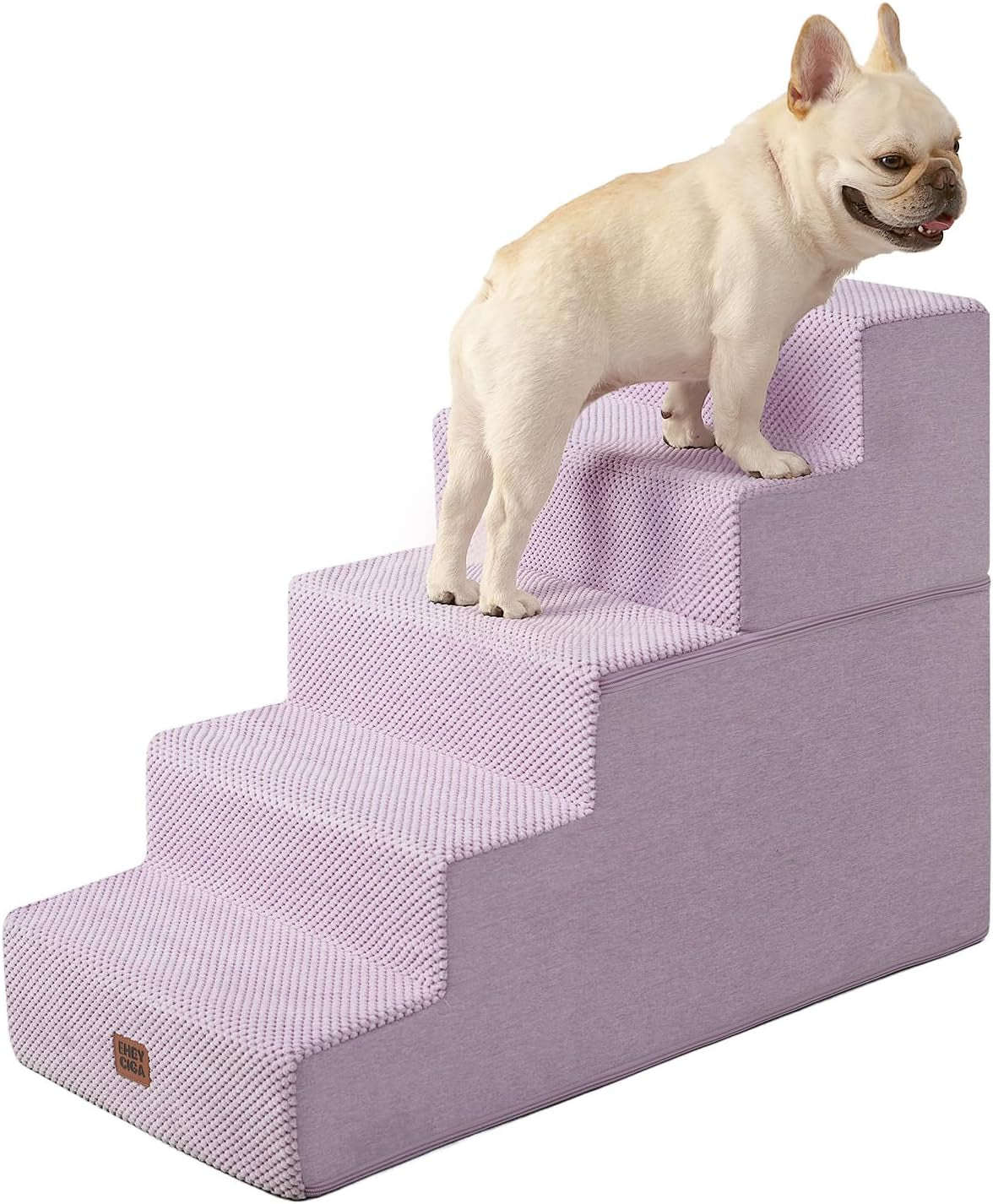 Lavender four-step foam pet stairs with a small fawn French bulldog standing on the top two steps