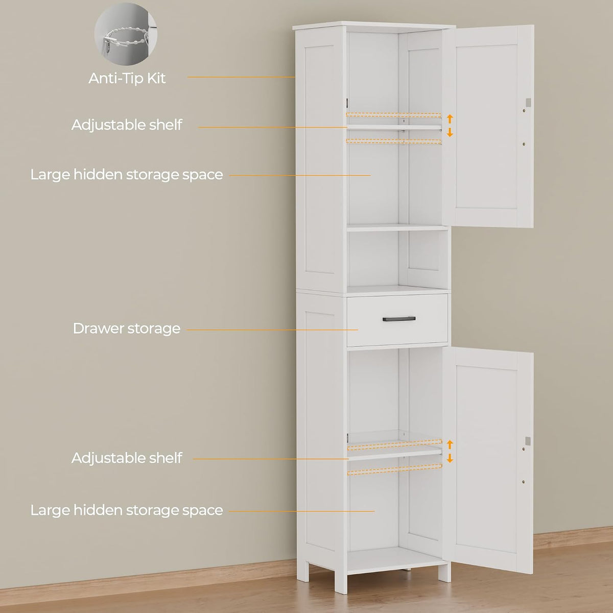 White cabinet angled view with labels for anti-tip kit, adjustable shelves, large hidden storage, and drawer