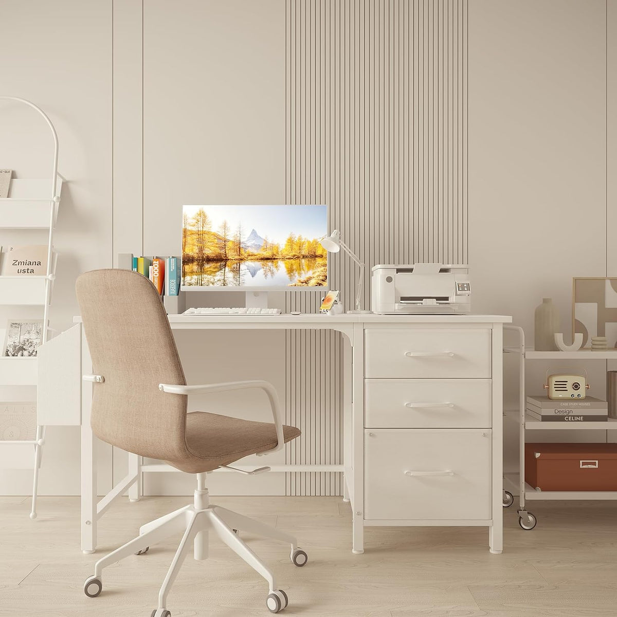 White 47-inch desk front view in a minimalist home office with a chair, monitor, and printer on top